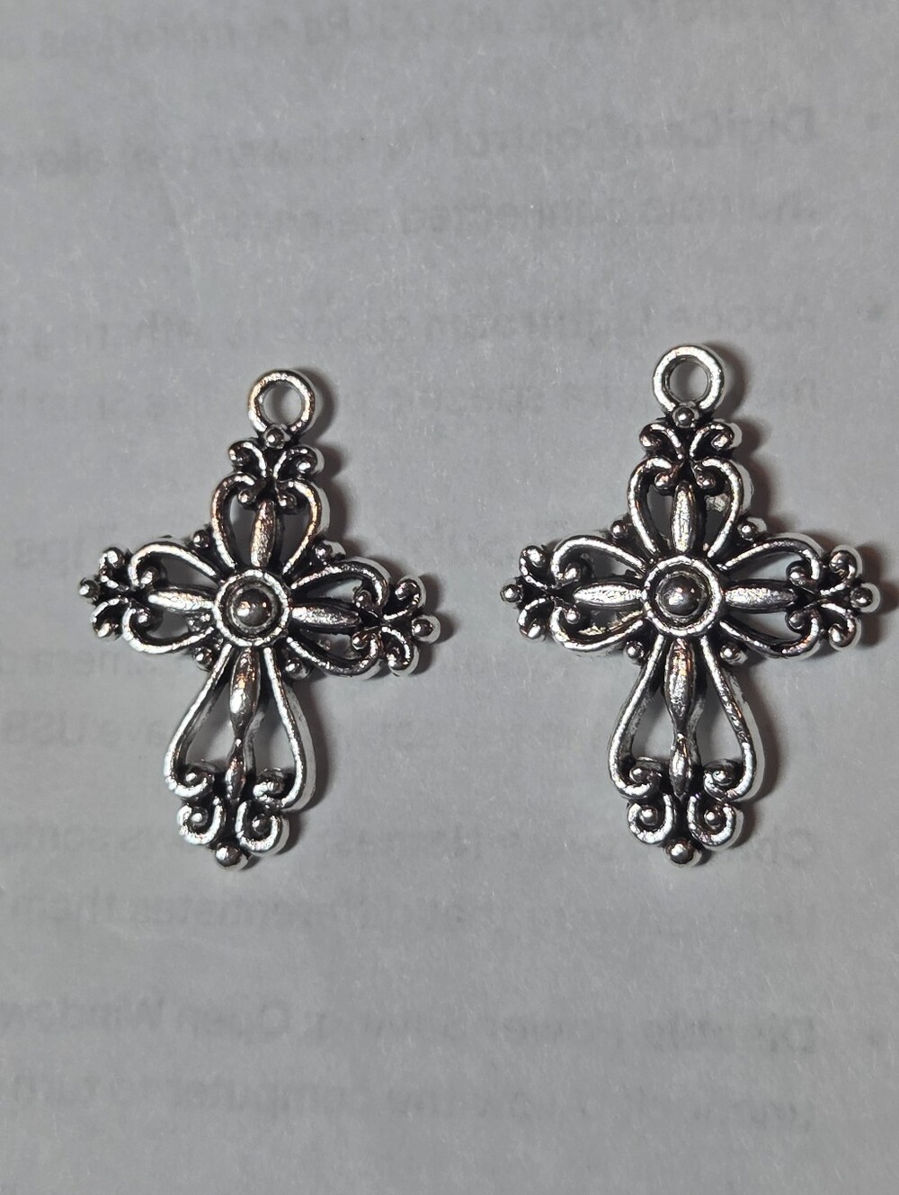 Ornate Silver Tone Cross Charms - Pair